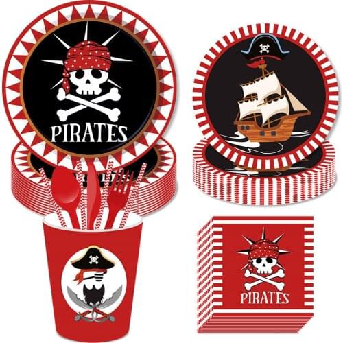 Happy Birthday Pirate Theme Party Decoration Baby Shower Cartoon Pirate Dinner Plate Disposable Tableware Sets Kids Party Favors