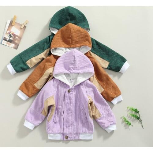 FOCUSNORM Autumn 1-6Y Causal Kids Girls Boys Corduroy Jacket Outwear Color Patchwork Long Sleeve Hooded Zipper Coats 3 Color