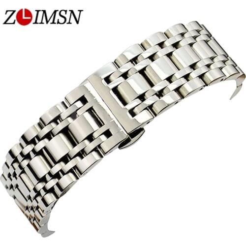 ZLIMSN High Quality Hidden Clasp Watchband 16 18 20 22mm 316L Stainless Steel Watch Band Men Silver Bracelet Replacement Link
