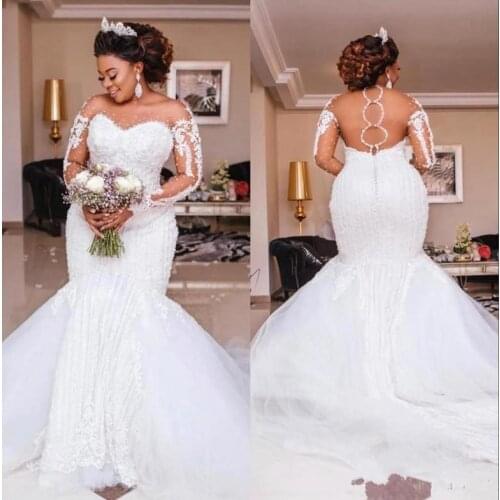 Luxury Gowns Beading Mermaid Wedding Dresses Long Sleeve Appliques Pearls African Plus Size Bridal Vestido de noiva 2022
