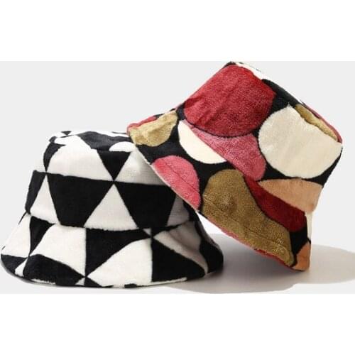 Fluffy hat Faux Fur Warm Bucket Hats For Women Girl Print Plush velvet Winter hat Fisherman Hats Bob Panama