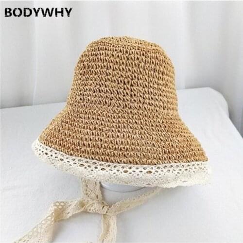 Straw Hat Womens Hipster Summer Outing Beach Sun Hat Korean-style Lace Lace-up Sweet Foldable Bucket Hat Fashion