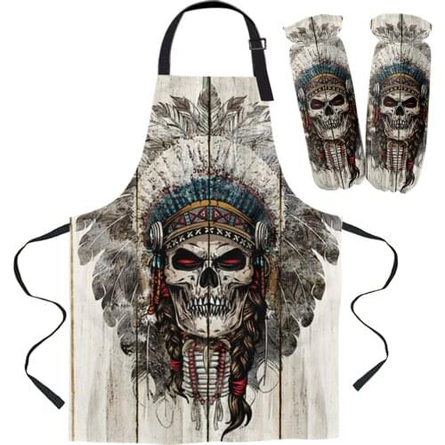 Wood Grain Chiefs Skull Apron Kitchen Household Cleaning Pinafore Barber Apron Cooking Accessories Aprons for Woman