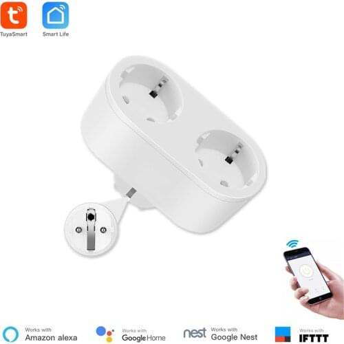 Tuya Smart 16A 2 IN 1 Dual EU Plug Smart WIFI Socket Switch Remote Control Switch Timer Work with Google /Alexa Power Monitoring