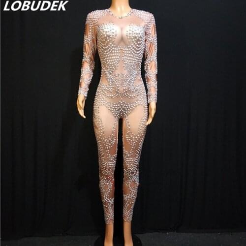 High-end Rhinestones Pearls Elastic Jumpsuit Female Crystals Leotard Party Birthday Show Rompers Nightclub Bar Stage DS Costume
