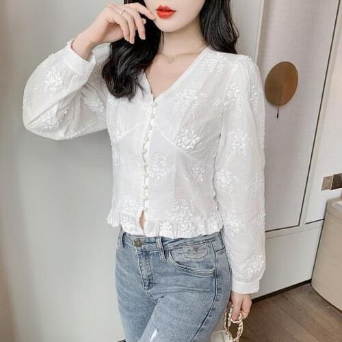 Womens Spring Autumn Style Blouse Shirt Womens Button Ruffles Long Sleeve V-Neck Elegant Sweet Tops SP963