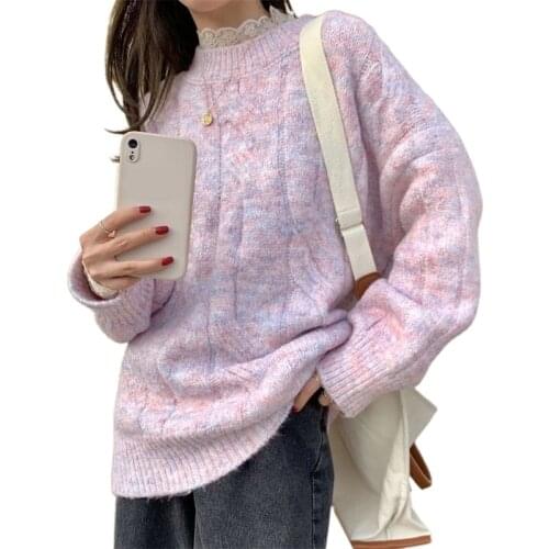 Women Autumn Long Sleeve O-Neck Sweater Thick Twist Cable Knit Multicolor Pullover Top Harajuku Oversized Loose Jumpers