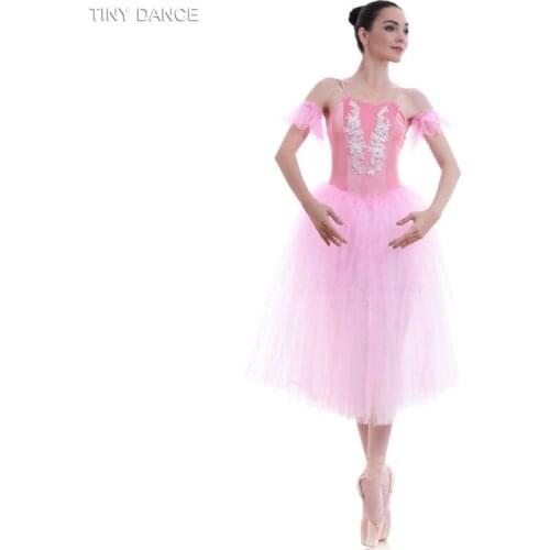 Adult Girls Pink Romantic Length Soft Tulle Ballet Dance Tutu Velvet Leotard Dress Ballerina Dance Costume Long Tutus 18090
