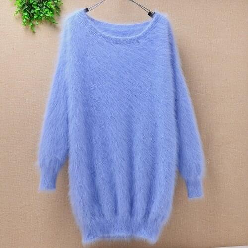 Ladies women medium long fashion mink cashmere o-neck loose fluffy angora rabbit fur loose hand knitted pullover sweater dress
