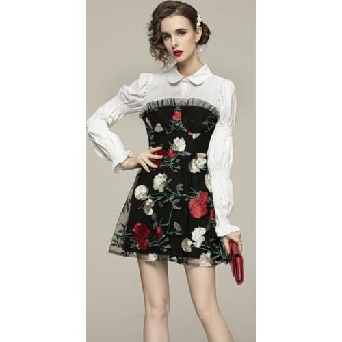 2021 Summer Single-Breasted Floral Embroidery Mesh Fake Two Pieces Patchwork Womens Long Sleeve Mini Shirt Dresses