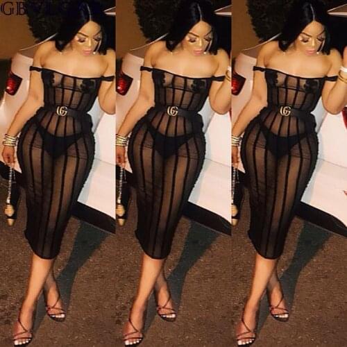 GBVLGAR Women Slash Neck Black Color Bodycon Dresses Femal Sexy Sheer Mesh See Through Bandage Dresses Ladies Night Party Dress