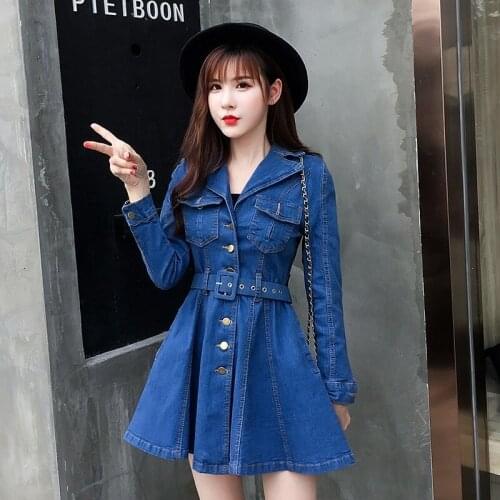 Office Lady Jean Dress Slim Lapel Long Sleeve Elegant A-Line Short Dress Spring Autumn Single Breasted Blue Casual Denim Dress
