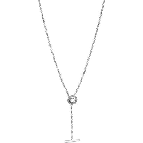 Authentic 925 Sterling Silver Pavé Circle Logo T-bar Heart Fashion Necklace Fit Pandora Women Bead Charm Gift DIY Jewelry