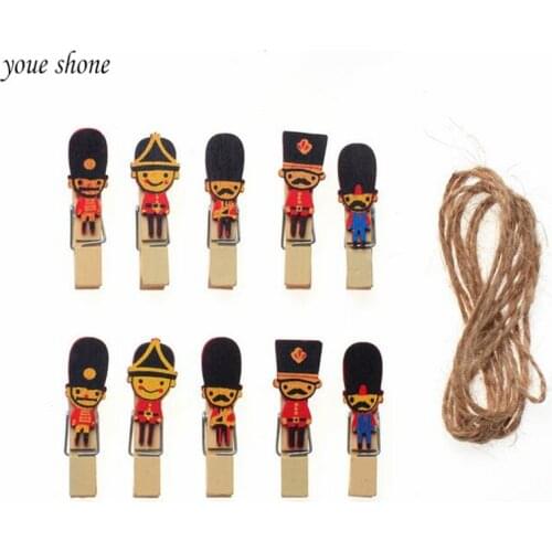 10Pcs/Lots Cartoon Cute Charming Little Guard Wooden Clip For Photo Walnut +1.4m Hemp Rope YOUE SHONE
