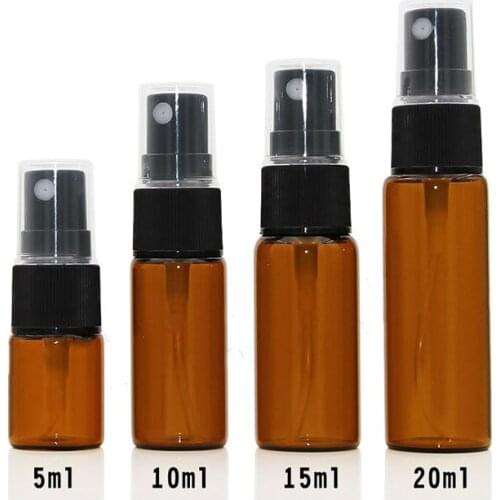 50pcs 5ml 10ml 15ml 20ml amber glass perfume spray bottle mini vial black pump head
