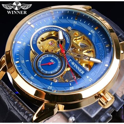Winner Skeleton Blue Mechanical Watch Mens Automatic Classic Golden Case Black Leather Wrist Watches Reloj Hombre 2019 Dropship