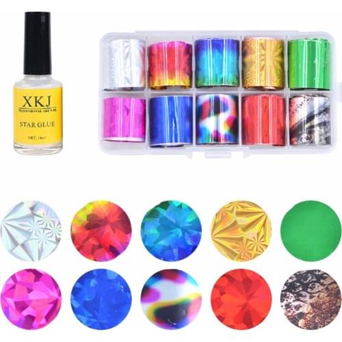 Meicailin Nail Art Foil Gradient Starry Sky Pattern 10 Rolls Nail Stencils Stickers with 1 pcs 16ml Adhesive Star Glue Nail Art