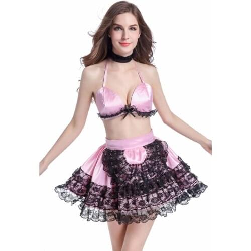Sissy Girl Two Piece French Maid Satin Pink Skirt Crossdress Cosplay Costume