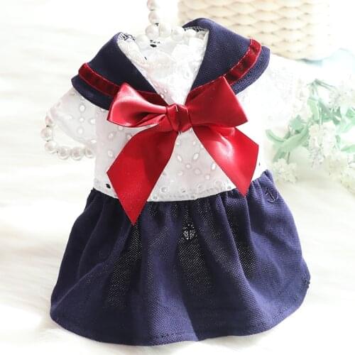 Sailor Style Red Bows Costumes For Dogs Shih Tzu French Bulldog Terrier Small Animal Pet Shirt With Blue Skirt Cat Clothes Goods