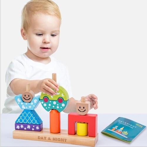 Creative Educational Wooden Toy Sun Moon Day Night Pillar Blocks Early Learning Baby Kids Birthday Christmas Gift