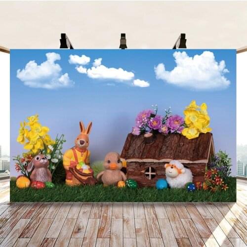 Rabbit Toys Decoration Green Grass Easter Baby Photo Backdrop Blue Sky Wooden House Portrait Background For Photo Studio