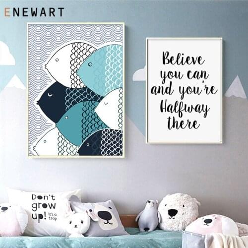 Cartoon Fish Picture Animal Nursery Positive Quote Poster Child Wall Art Canvas Print Painting Nordic Baby Boys Bedroom Decor