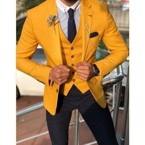 Autumn New Custom Fashion Handsome Notch Lapel Mustard Yellow Men Suits Slim Fit Groomsmen For Wedding Dinner Party Male Costume