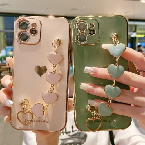 Luxury Plating Love heart chain Wrist Bracelet soft case for iphone 12 11 Pro Max MiNi X XS XR 7 8 Plus SE 2020 Fashion Cover