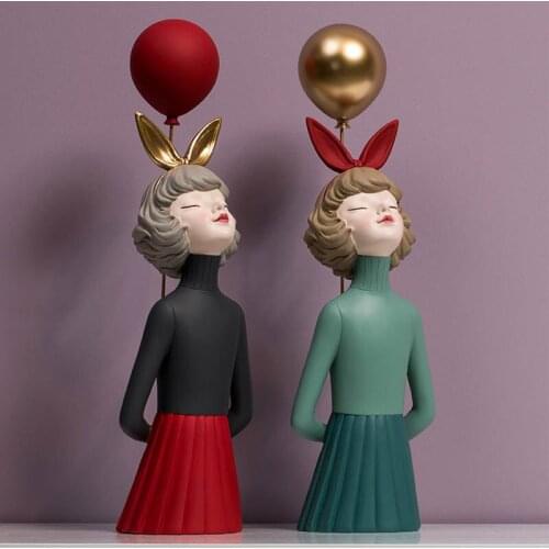 Nordic Resin Girl Holding a Balloon Statue Modern Home Bedroom Desktop Art Sculpture Decoration Wedding Decor Accessories Gift