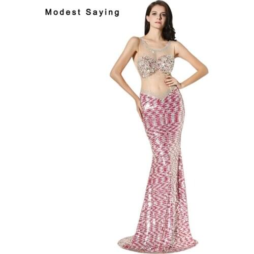 2018 New Sexy See Through Evening Dress with Sequins Luxury Long Beaded Evening Gowns Mermaid Party Prom Gowns robe de soiree