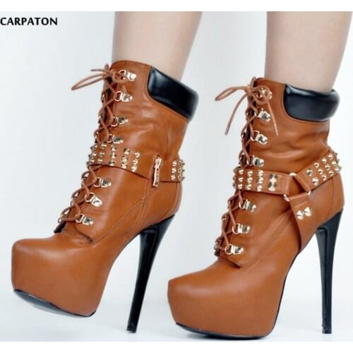 Carpaton 2018 Newest Women Fashion Wild models Lace-up High heels Spring/Autumn Metal decoration High platform pump boots