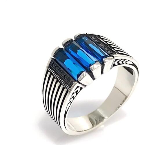 New Sapphire Blue Baguette Cut Special Design Simple Silver Men 'S Ring