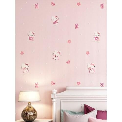 Kids room wallpaper cute cartoon pink girl princess room bedroom cat background wallpaper