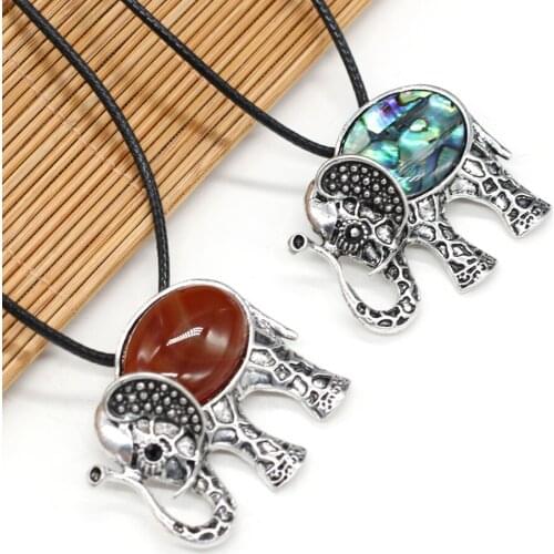 Natural Stone Lucky Elephant Necklace Rose Pink Quartz Opal Abalone Shell Charms Pendant Necklaces for Women Girl Jewelry Gift