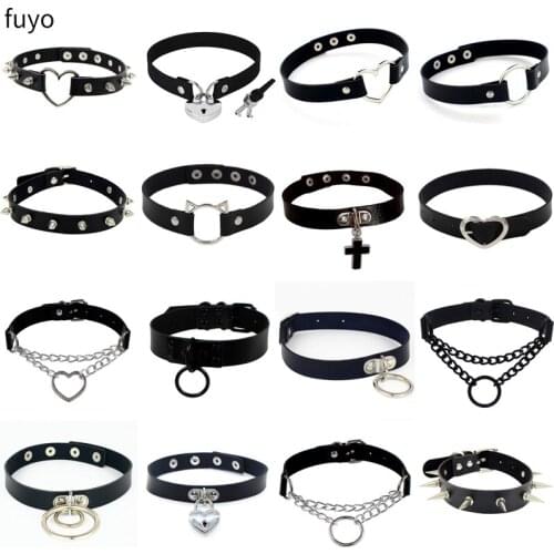 Punk Rock Lock Key Heart Gothic Necklace Sexy PU Leather Heart Round Spike Collar Choker Necklace Body goth necklace women