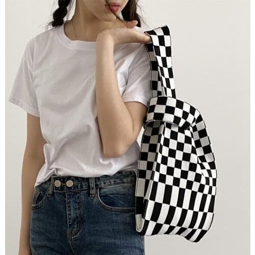 Knitting Fabric Women Handbag Chequer Chess Design Eco Small Shopping Bag Decoration Purses Woolen Plaid Cloth Tote For Ladies