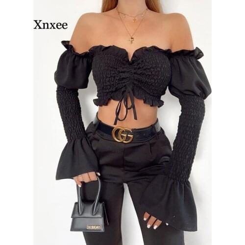 Off Shoulder Ruched Drawstring Women Top Blouses Shirts Flare Sleeve Summer Crop Tops Fashion Elegant Blusas Mujer Clothes