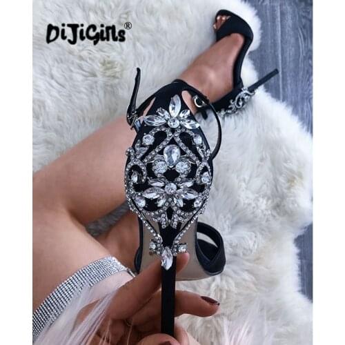 Dropship Rhinestone Stiletto Lady Sexy Crystal Thin Heels Sandal Woman Ankle Strap Wedding Dress Shoes Pump Big Shoe 40 41 42