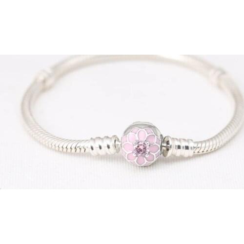 Authentic S925 Sterling Silver Enamel Magnolia Bloom Clasp With Crystal Bracelet Bangle fit Lady Bead Charm DIY Jewelry