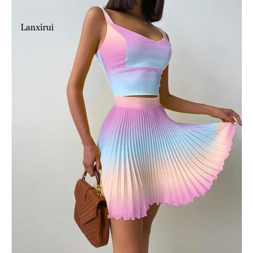 Women Sexy Skirt Suits Spring Off Shoulder Straps Tops + Ribbed Pleated Skirts Suit Office Lady Summer Sleeveless Casual Outfits