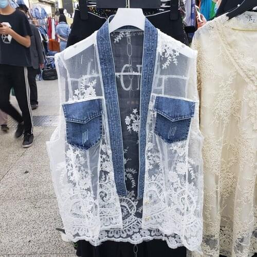 Vest Women 2020 Summer New European Fashion All-match Lace Stitching Denim Jacket Sunscreen Jacket Vest Coat Mujer Students