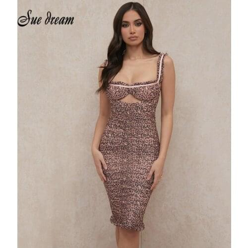 2021 New Summer Womens Bandage Dress Sexy Leopard Printed Spaghetti Strap Hollow Bodycon Elegant Evening Party Dress Vestido