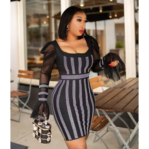 RMSFE 2021 Women Long Sleeve Bubble Sleeve Square Neck Fashion Sexy Low Chest Tight Hot Drill Mesh Dress