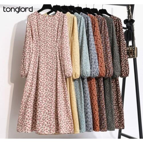 Tonglord 2020 New Floral Printed Chiffon Dress Women Autumn Spring Long-sleeved O-Neck High Waist Long Dresses Female Vestidos