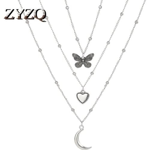 ZYZQ 3Pcs Multilayer Heart Pendant Necklace For Women Vintage Silver Color Butterfly Chain Choker Necklaces Party Summer Jewelry