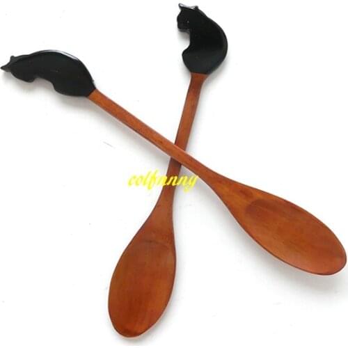 10pcs/lot Free Shipping Wooden Spoon Long Handle Cat Shaped Handmade Coffer Tea Tableware Cake Ice Cream Dessert Spoon