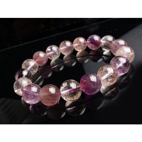 13mm Genuine Colorful Natural Rutilated Quartz Crystal Round Bead Stretch Crystal Super Seven Melody Stone Bracelet