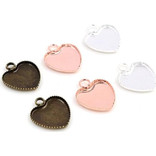 20pcs/lot 12mm Inner Size Bright Silver Plated and Rose Gold Color Material Heart Style Cabochon Base Cameo Setting Charms Tray