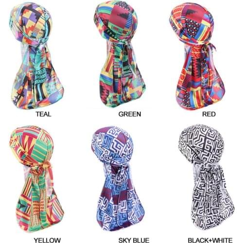 2020 Hot sale imitation silk breathable African print long tail durags strappy turban pirate hat silky durag hair accessories