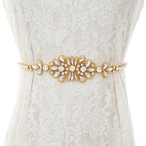 35.82In Gold Crystal Wedding Belt Rhinestones Bridal Belt With Pearls Ribbons Bridal Sash For Wedding Dress J192G